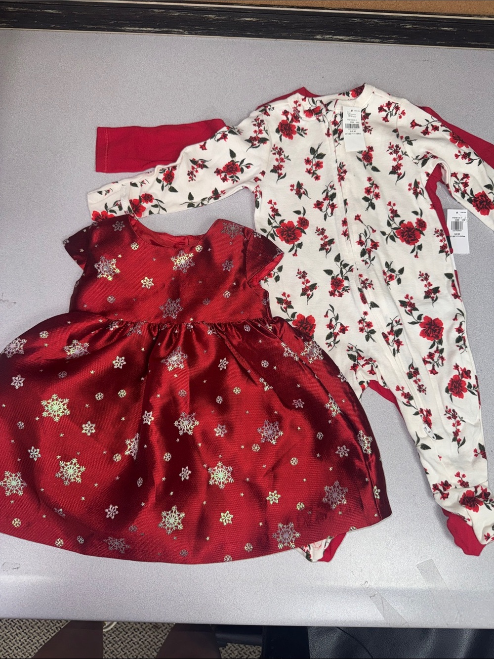 Red Holiday Snowflake Dress & Floral Footed Pajamas Set